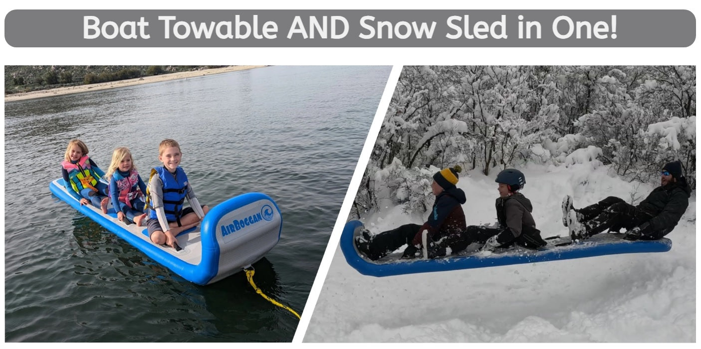Lakesurf Airboggan Inflatable Toboggan Summer Watersports Towable and Winter Snow Sled two-in-one picture collage. Children being towed on the water and family being towed in the snow.