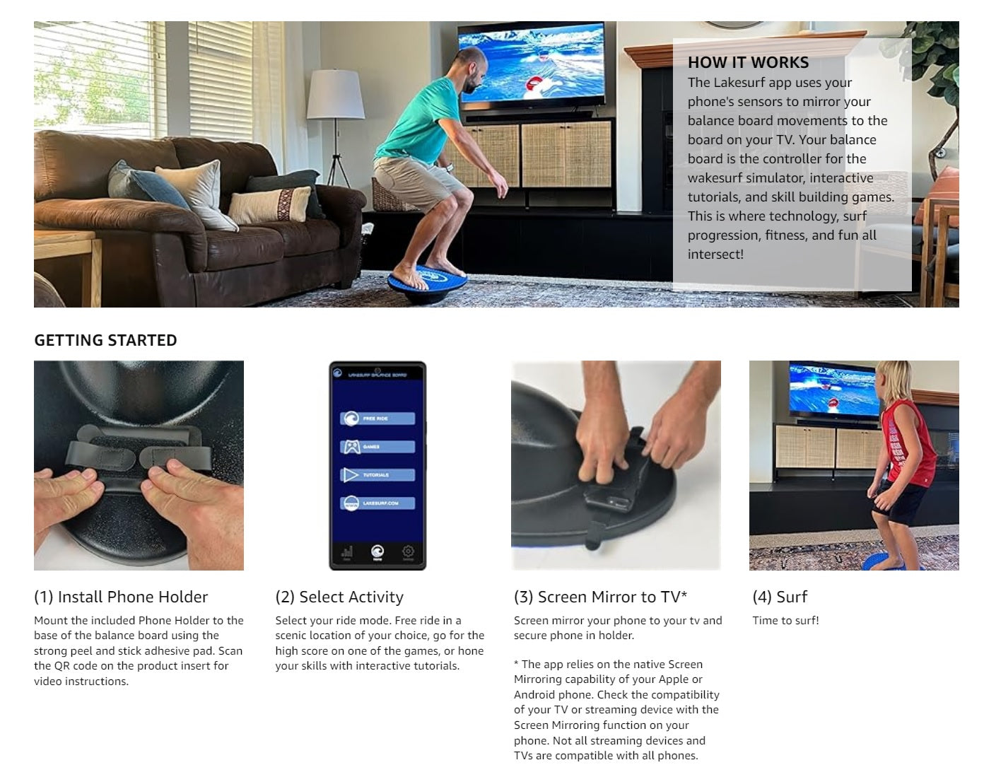 Wakesurf Balance Board Training System by Lakesurf with a breakdown of how the phone holder works with the board, device app, and mirroring to the tv.