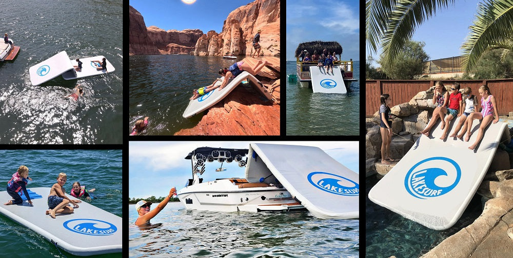 Lakesurf Two-in-One Slide Island Inflatable Floating Boat Slide and Air Platform Mat six picture collage with kids and adults having fun in various locations.