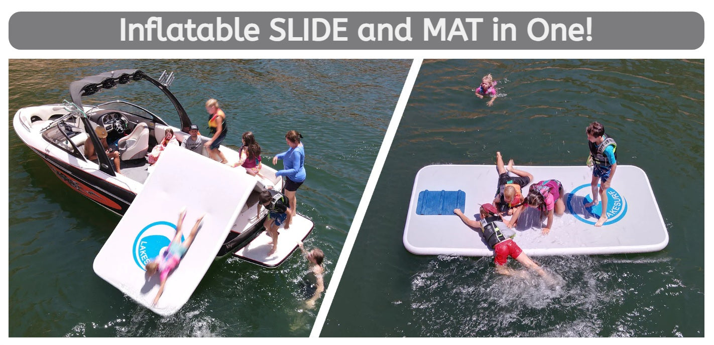 Lakesurf Two-in-One Slide Island Inflatable Floating Boat Slide and Air Platform Mat two picture collage with kids and adults having fun.
