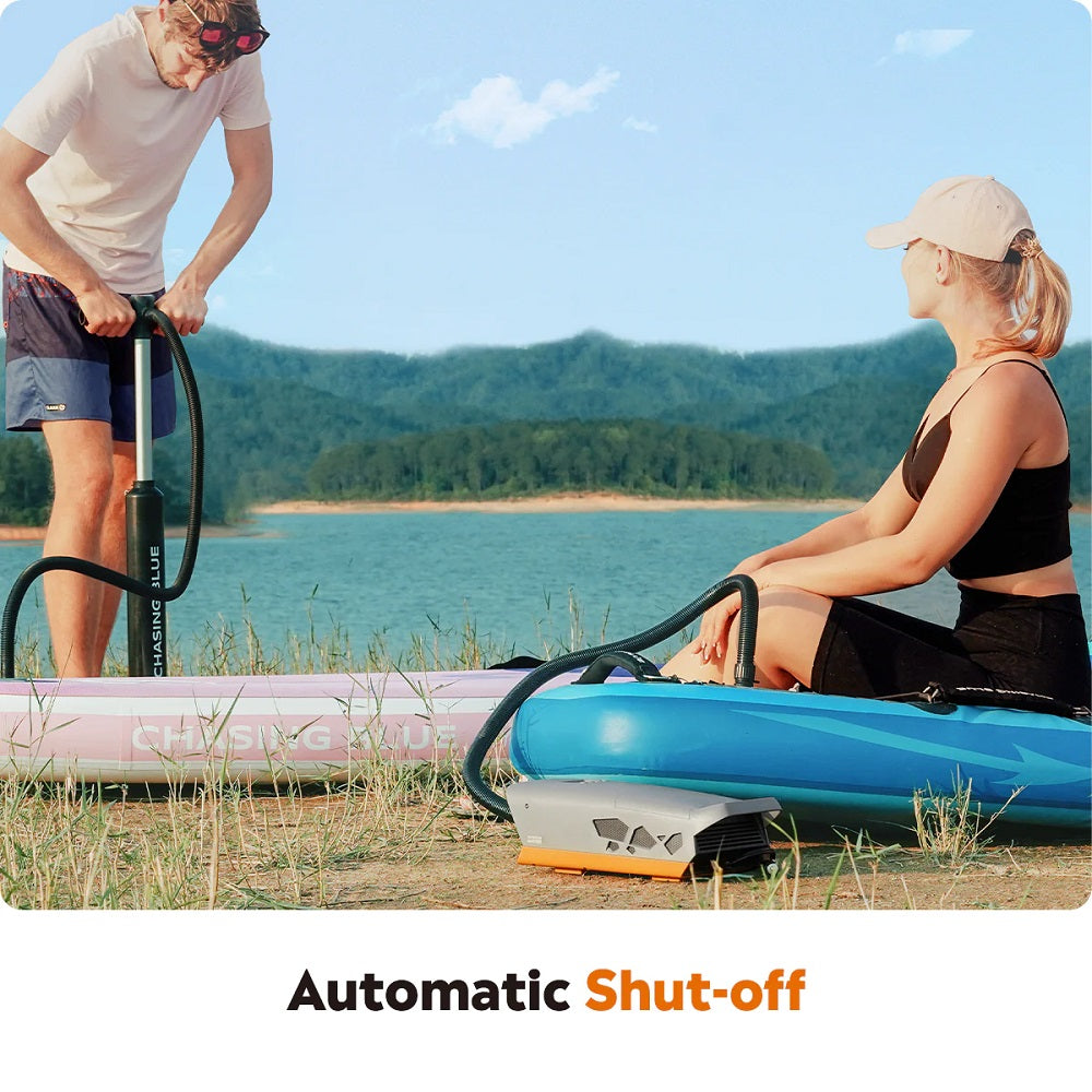 Outdoor Master Cachalot Plug-in 12V electric stand-up paddleboard air pump with full set of nozzle attachments with automatic shut-off for convenience.