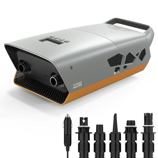 Outdoor Master Cachalot Plug-in 12V electric stand-up paddleboard air pump with full set of nozzle attachments.