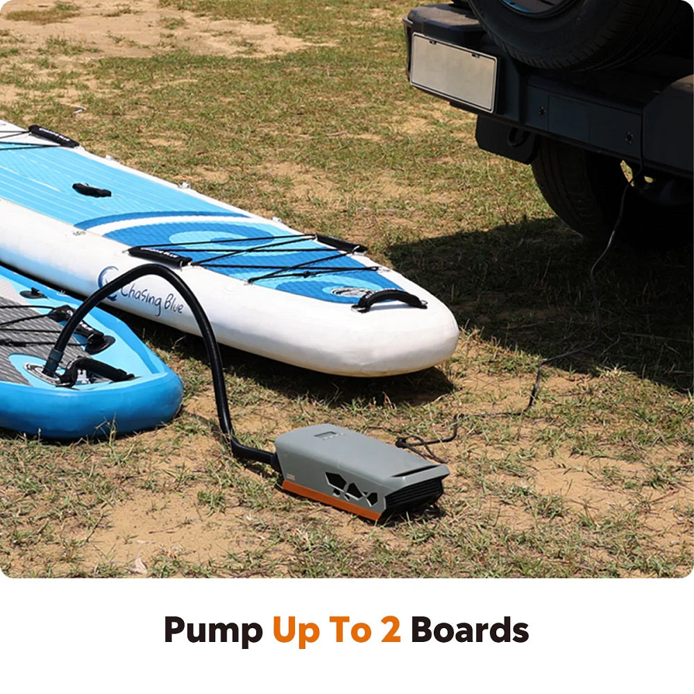 Outdoor Master Cachalot Plug-in 12V electric stand-up paddleboard air pump with full set of nozzle attachments good price that can pump up to two boards in ten minutes.