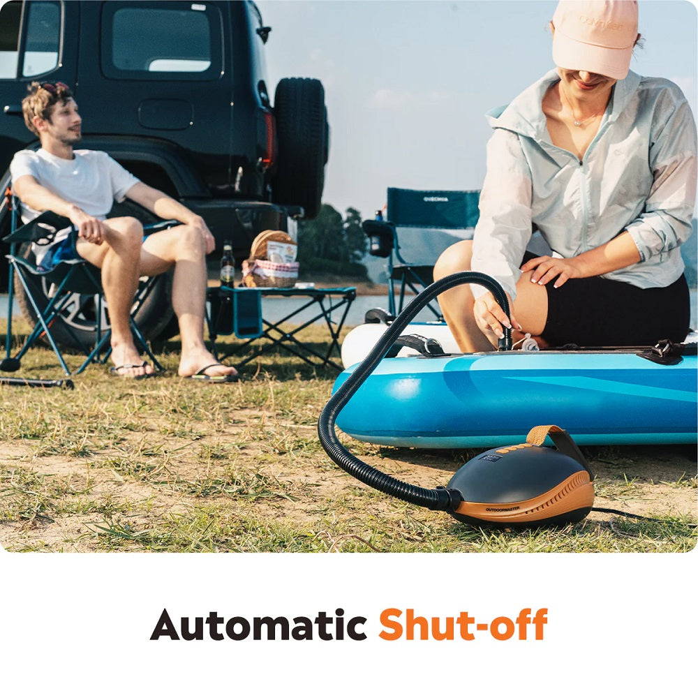 Outdoor Master Dolphin Two Electric Stand-up Paddleboard Plug-in Electric Air Pump with a full set of nozzle attachments has an automatic shut-off feature.