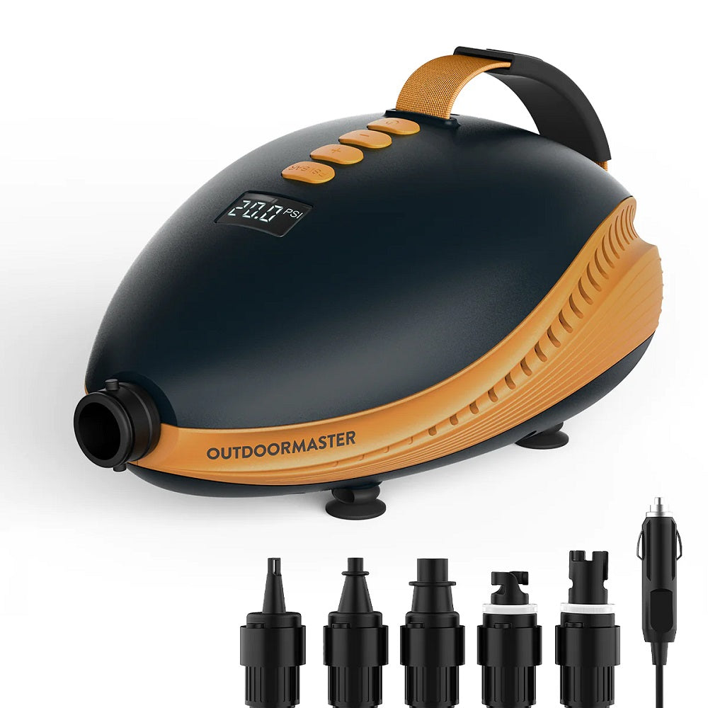 Outdoor Master Dolphin Two Electric Stand-up Paddleboard Plug-in Electric Air Pump with a full set of nozzle attachments.