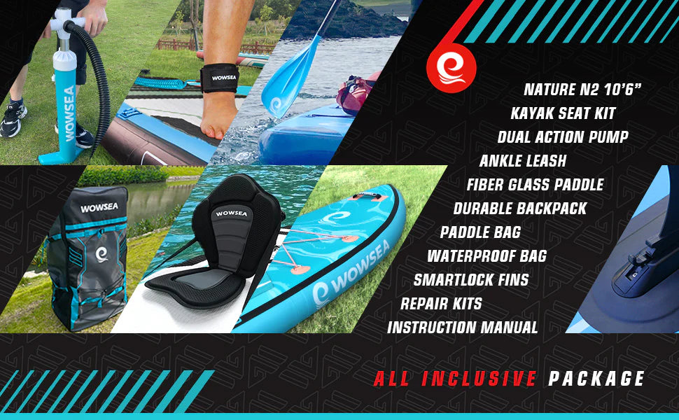 WOWSEA SUP Nature N2 Ten Foot Six Inches Affordable Inflatable Adventure All-Around Flatwater Paddleboard Package all-inclusive accessories.