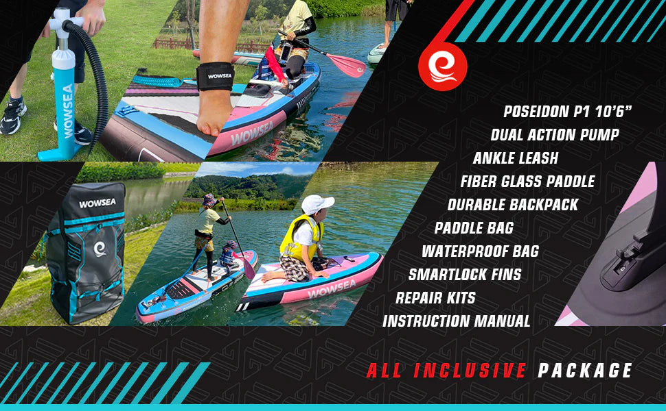 WOWSEA SUP Poseidon P1 Ten Foot Six Inches Affordable Inflatable All-Around Adventure Paddleboard Package all-inclusive accessories.