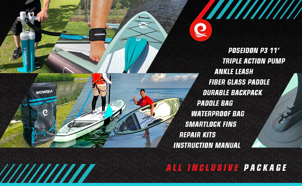 WOWSEA SUP Poseidon P1 Ten Foot Six Inches Affordable Inflatable All-Around Adventure Paddleboard Package all-inclusive accessories list.