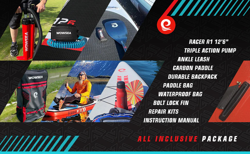 WOWSEA SUP Racer R1 Twelve Foot Six Inches Affordable inflatable Sport Racing Paddleboard Package what is included accessories.